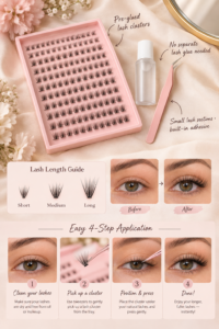 Pre-glued lash clusters with lash map guide and applicator for easy application