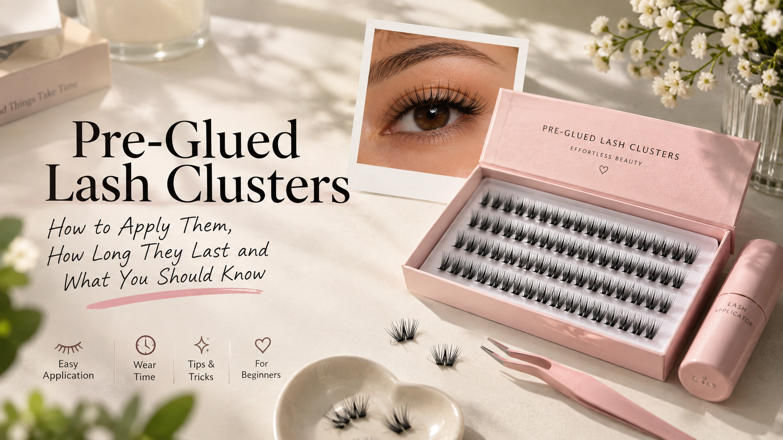 Pre-glued lash clusters with applicator for easy, beginner-friendly lash application